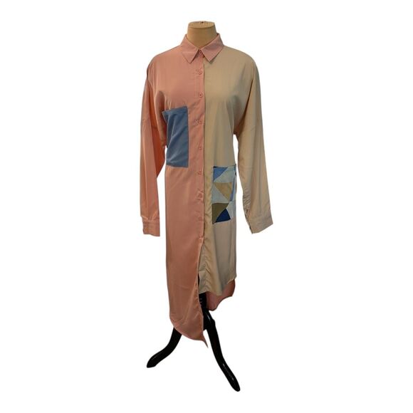 Mulla Tops - Boho Color Block Shirt Dress Maxi Asymmetric Patchwork Pastel Pink Beige Medium
